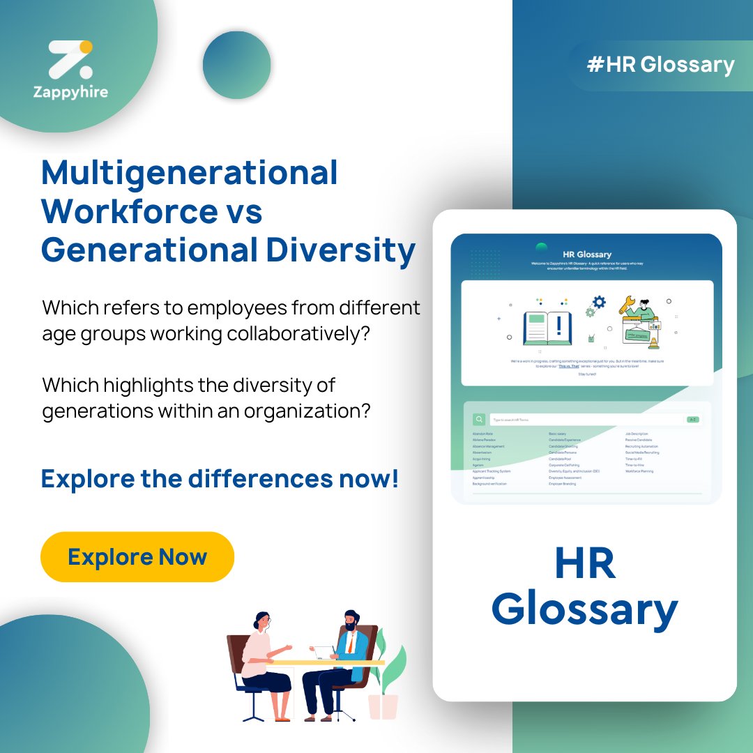 Aren't 'multigenerational workforce' and '𝐠𝐞𝐧𝐞𝐫𝐚𝐭𝐢𝐨𝐧𝐚𝐥 𝐝𝐢𝐯𝐞𝐫𝐬𝐢𝐭𝐲' the same thing? NOPE, not quite! ❌

We’ll tell you what - visit our 𝐇𝐑 𝐠𝐥𝐨𝐬𝐬𝐚𝐫𝐲 to explore the distinctions & learn a LOT more!👉 bit.ly/3QBTpvN

#Zappyhire #HRglossary