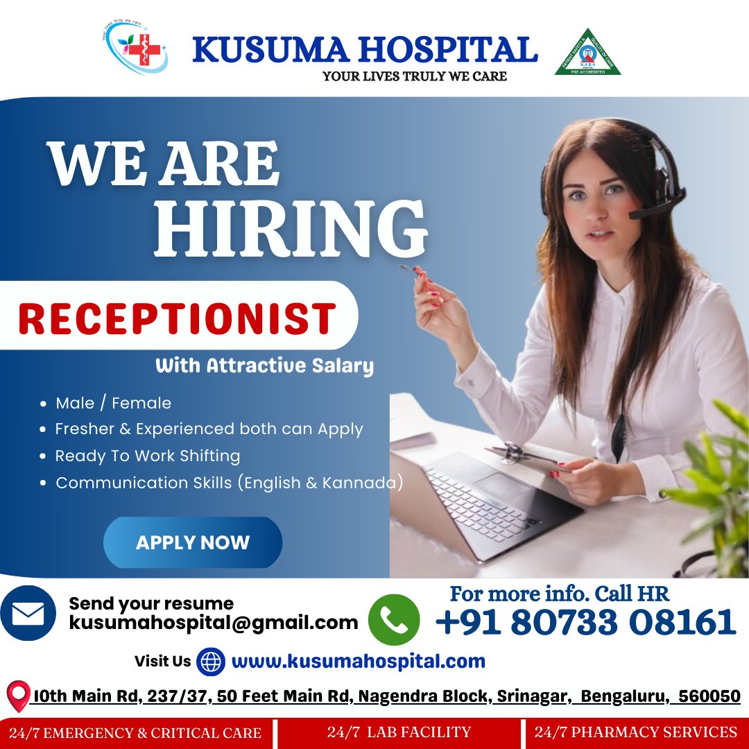 join our team at Kusuma Hospital! We're currently hiring a receptionist to be the welcoming face of our facility. 
#KusumaHospital #Receptionist #HealthcareCareers #JobOpening #CareerOpportunity #JoinOurTeam #HealthcareJobs #PatientCare #TeamWork #ApplyNow #JobSearch