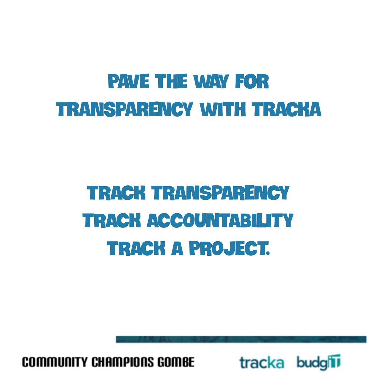 'Demanding accountability, one road at a time. Join us with #EyesonTheRoad.'

STAY ACTIVE, TRACK JUSTICE, TRACK TRANSPARENCY, TRACK A PROJECT.

TO BEGIN JOIN US @TrackaNG TODAY.

#TrackAProject
#TrackaCommunityChampions
#BudgitNigeria