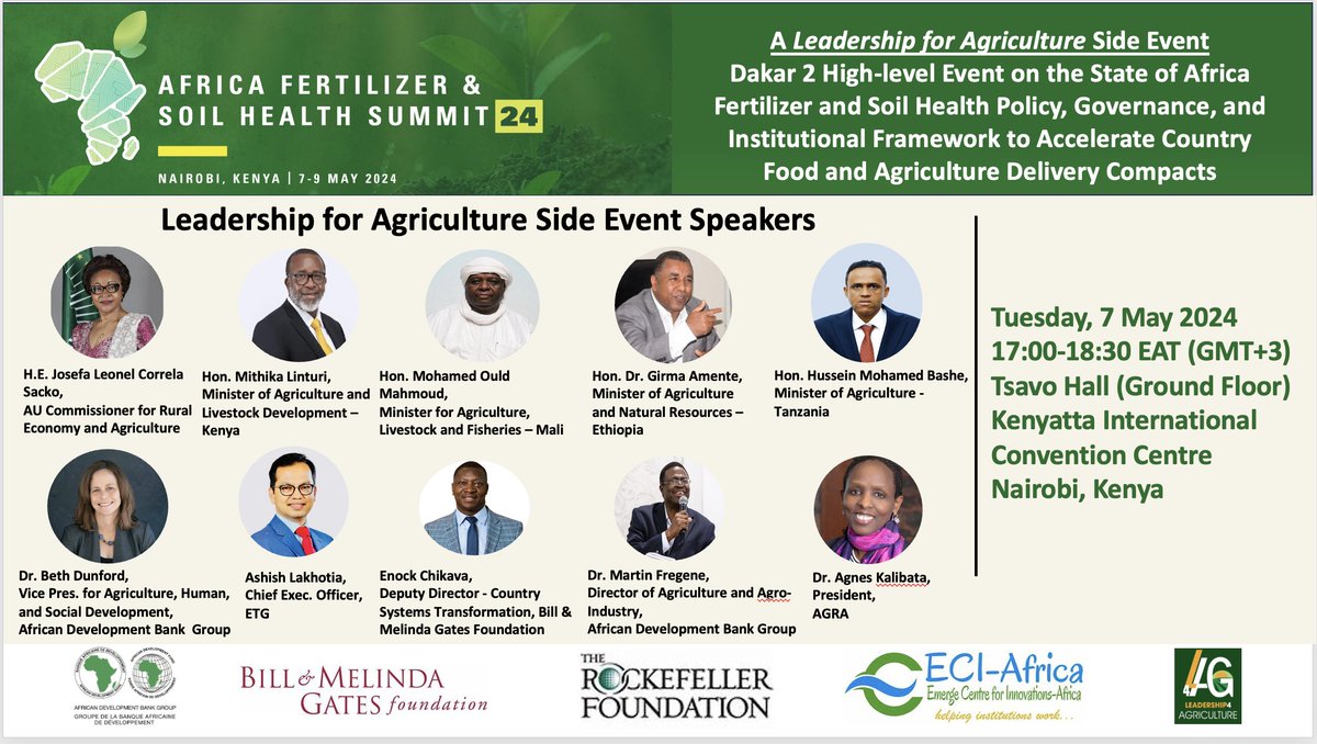 Today at #AFSH24's Tsavo Hall: Leadership for Agriculture, an initiative led by @AfDB_Group @gatesfoundation and @RockefellerFdn, to host discussion on nexus of fertilizer, soil health and post-Dakar 2 Country Food & Agriculture Delivery Compacts. Join us: zoom.us/webinar/regist…