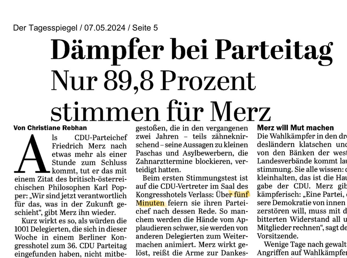 9 v 10 Delegierten wählen @_FriedrichMerz zum @CDU Vorsitzenden. Sie spenden stehend Applaus - rund zehn Minuten lang. @Tagesspiegel sieht „Dämpfer“ und Stoppuhr funktioniert auch nicht richtig, es sind nur „über fünf Minuten“. Definiere “tendenziös“ ➡️duden.de/rechtschreibun…