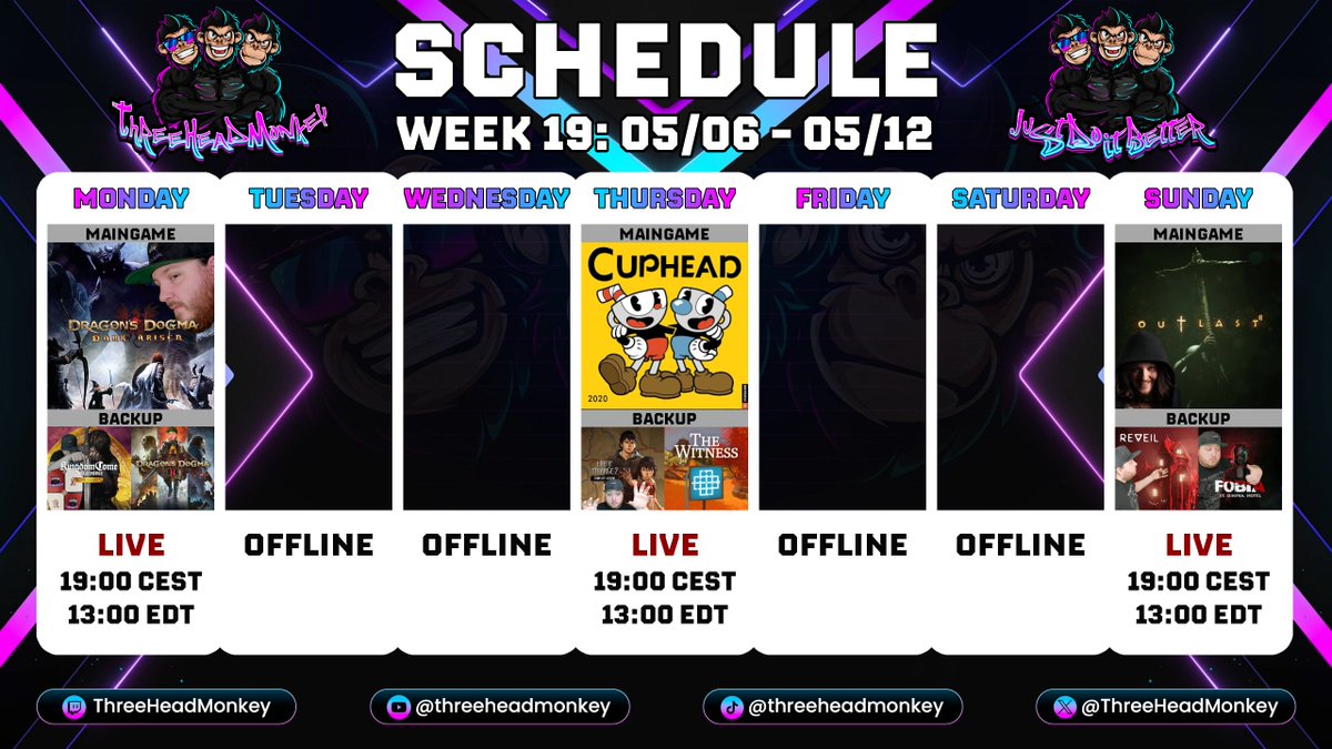 Hello everybody!
I am a bit too late with the Stream-Schedule update, but here it is the result for this week!

#MarvelousMonday
We finally finished #TheWitcher3 and started #DragonsDogma1 yesterday!

#ThoughtfulThursday will minimum one more stream being occupied by #Cuphead. We…