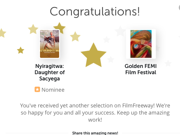 Amazing news! Nyiragitwa: Daughter of Sacyega was just selected by Golden FEMI Film Festival via FilmFreeway.com! @GoldenFemiFest #ComicBook #GraphicNovel adaptation in short #3Danimation film.