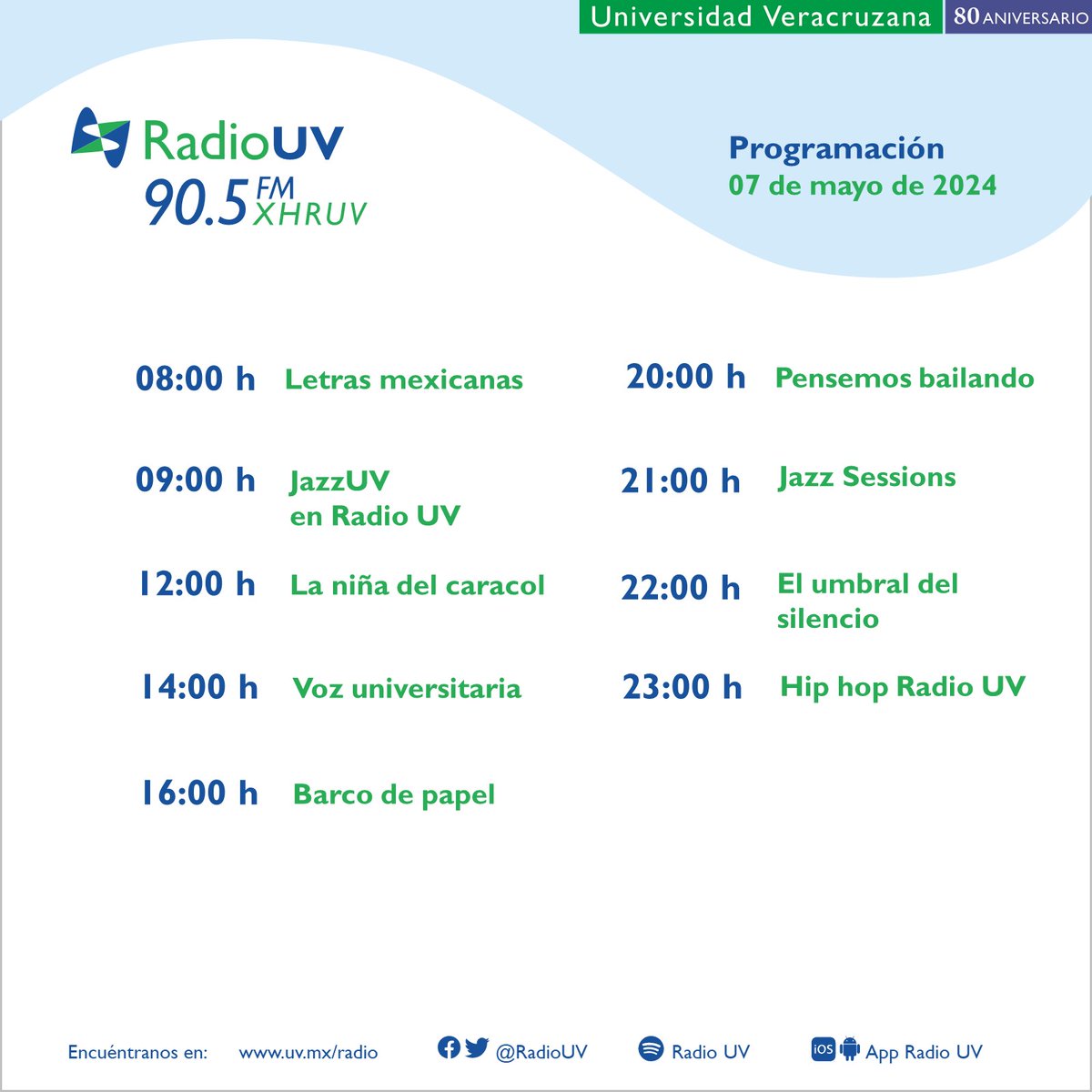 Descubre lo que #RadioUV transmite para ti los martes, ¡consulta nuestra programación y sintoniza la señal del 90.5 FM! 🔊Escucha en línea: bit.ly/radiouvenlinea y por la App Radio UV.