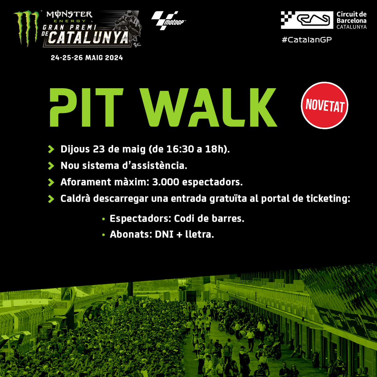 🚥 Arranquem el procés per assistir al Pit Walk del #CatalanGP de #MotoGP! Aquí teniu el link per accedir a la plataforma de venda d'entrades: 👉 circuitcat.com/ca/entrades/ Recordeu que el sistema de cues virtuals és aleatori per evitar peticions fraudulentes.