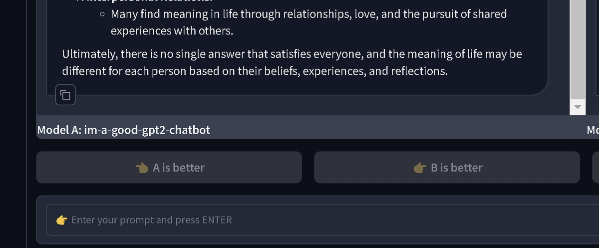 It's back?! The saga continues! 👀 'im-a-good-gpt2-chatbot' is currently only available in battle mode at chat.lmsys.org