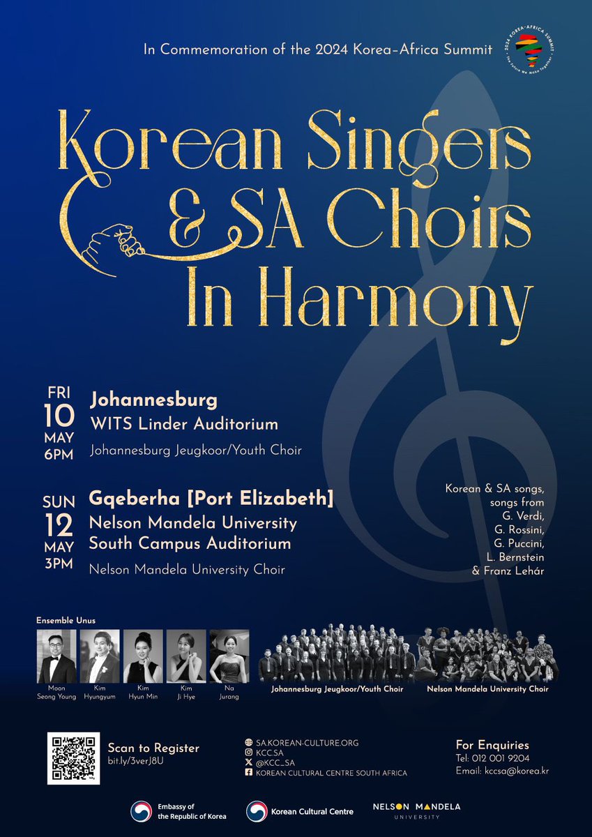 Korea and Salon Music collaborate once again for a magical evening featuring 4 brilliant Korean Opera singers from Paris, the Johannesburg Youth Choir & Brooklyn Theatre Salon Ensemble. Linder Auditorium. Entrance free. Please register. 👉🏼 docs.google.com/forms/d/e/1FAI…