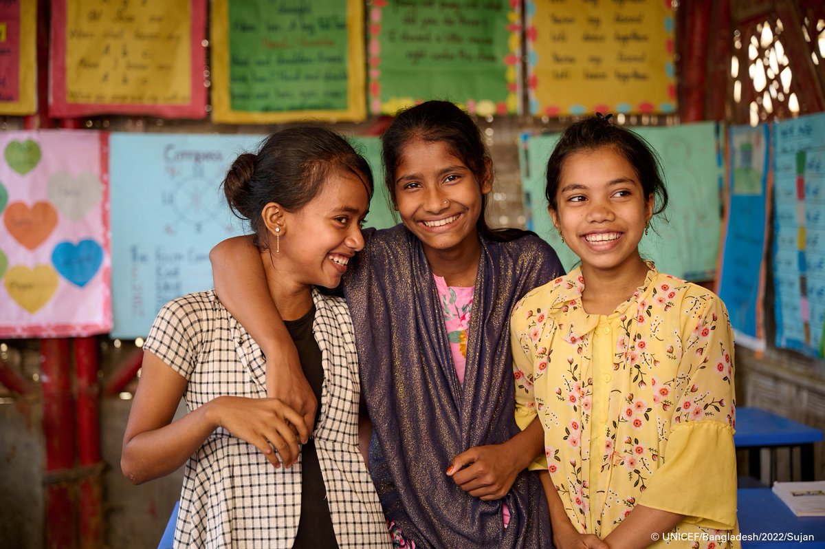 'Studying with my friends is my favorite thing about coming to the learning centre!' — Rahima, 14 Rahima and her classmates are enabled to pursue their education at an @EU_Partnerships-supported @UNICEF learning centre in the Rohingya refugee camps.