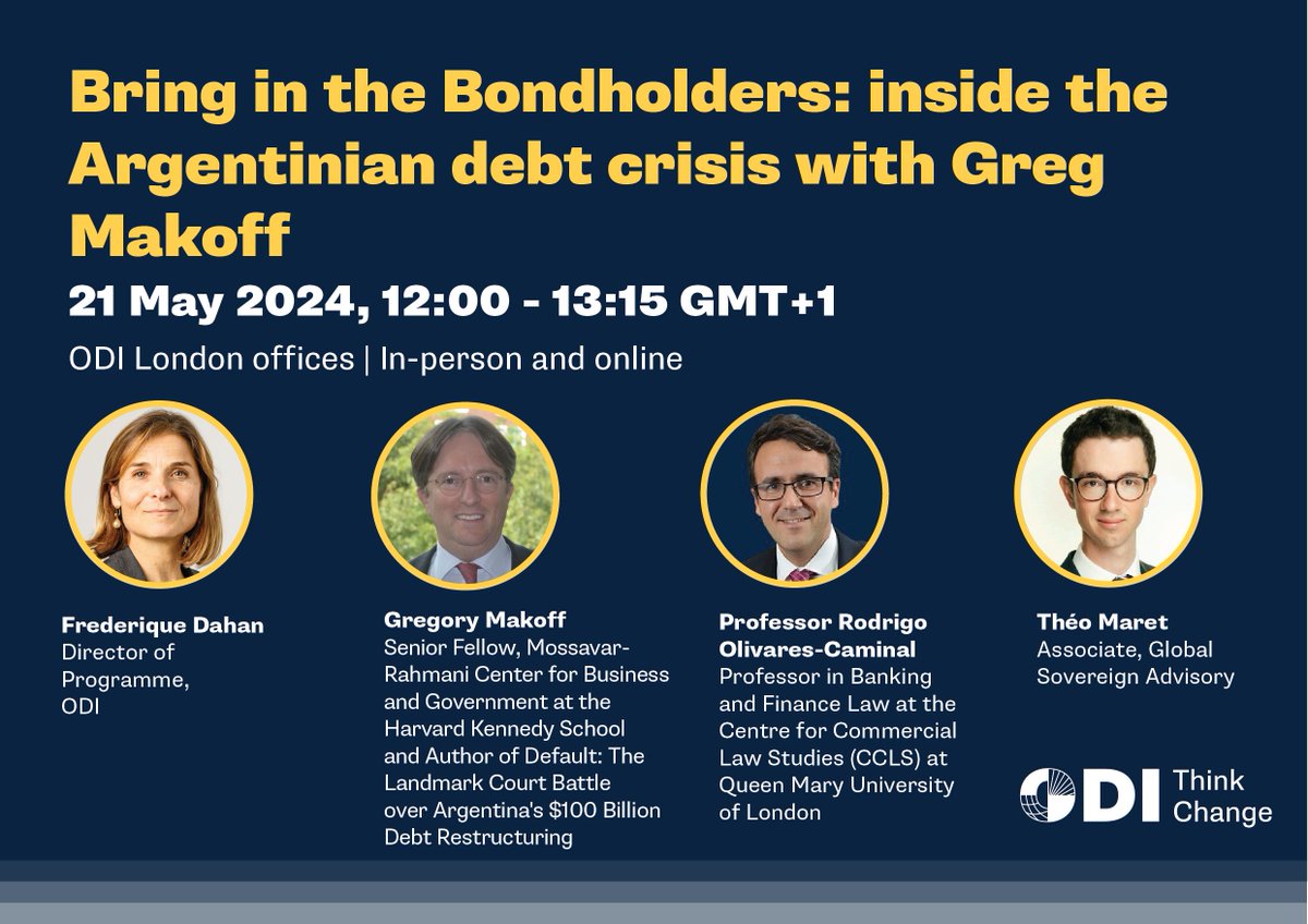 BOOKLAUNCH 📚: We are privileged to host @GMakoff to mark the European release of his new book and to discuss the implications & lessons from Argentina’s debt restructuring. Space is limited, so register today: odi.org/en/events/brin… #DebtCon #ODIEvents