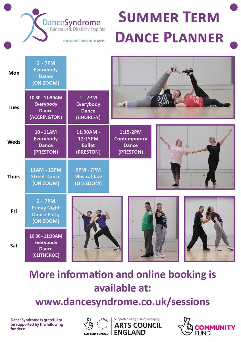 We hope you all enjoyed the #BankHoliday weekend! All our sessions are back today! 💃👩‍🦼🕺💜💙 Join us this week in #Chorley, #Preston, #Accrington & #Clitheroe! If you’re not in the #NorthWest you can join us on Zoom! Find the right session for you: dancesyndrome.co.uk/sessions