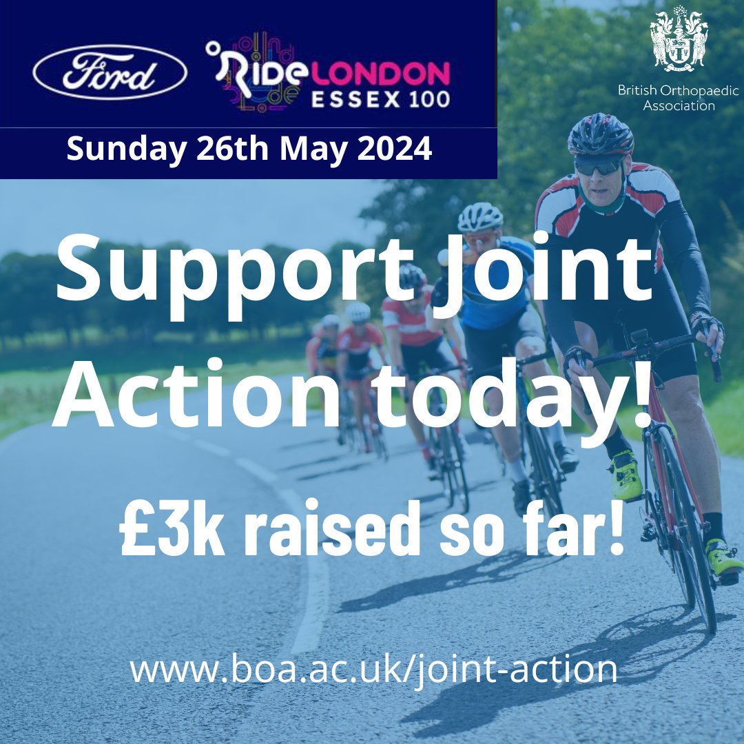 Just over £3k raised so far! Support our cyclists taking part in Ford #RideLondon-Essex 100 on Sunday 26th May 2024! Our amazing cyclists are participating to raise money for Joint Action Appeal of the BOA and support vital research into T&O. DONATE at: bit.ly/4aRaCcg