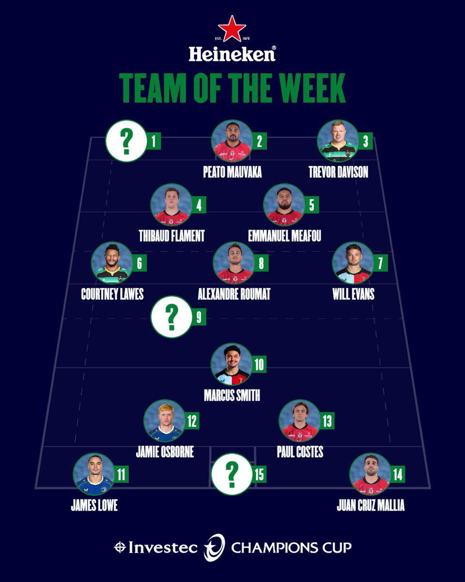 Data-based @Heineken Team of the Week from @Oval_Insights 📢 But who do you reckon's in at 1, 9 & 15? 👀 Extended #InvestecChampionsCup highlights ➡️ epcrugby.com/champions-cup/…