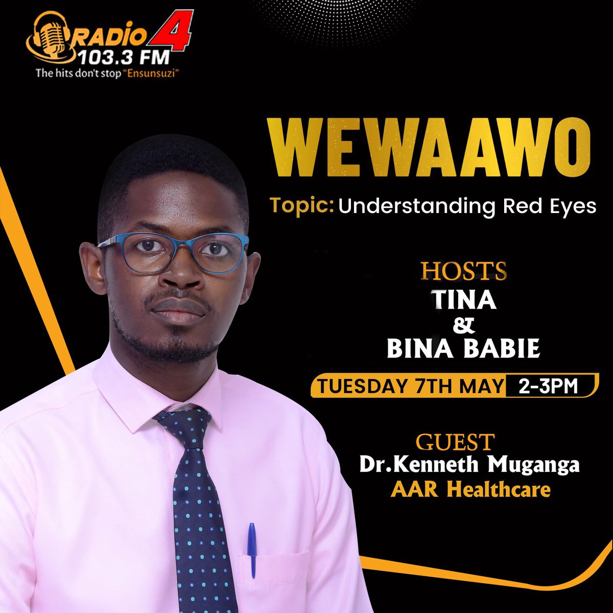 Join the conversation about 'Red Eyes' today at 2 PM with Dr. Kenneth Muganga on 103.3, Ensunsuzi. Leave a question/inquiry in the comment section. #Wewaawo || #Radio4UG