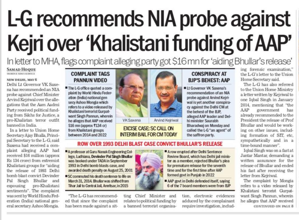 There cannot be Smoke without fire. I welcome this recommendation by Hon'ble L-G for an NIA probe against the Jailed CM of Delhi over Khalistani Funding of Aam Aadmi Party. It is known to everyone that several senior leaders of AAP in the past left the party citing these links.