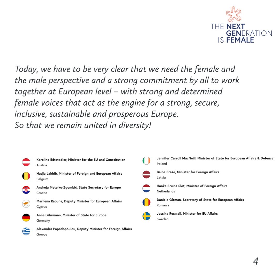 Joint statement by group of female General Affairs Council Ministers and State Secretaries ahead of Europe Day! We need a clear commitment by all to work together at European level – with strong and determined female voices that act as the engine for a strong, secure, inclusive,