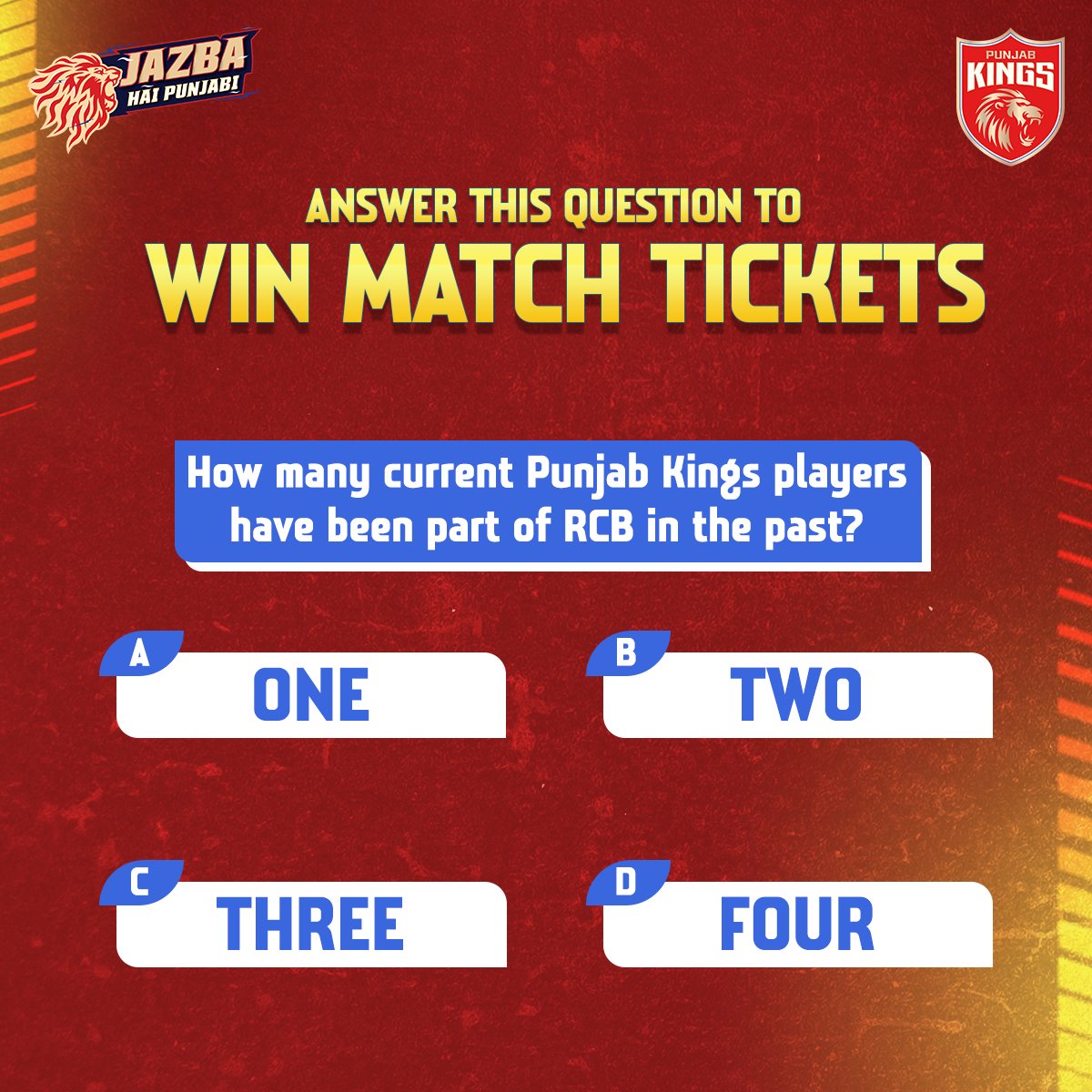 PunjabKingsIPL's tweet photo. Final chance to witness our ๐ฆs play in Dharamshala! ๐๏ธ๐๏ธ
Answer the question and stand a chance to win match tickets for #PBKSvRCB! ๐๏ธ
#SaddaPunjab #PunjabKings #JazbaHaiPunjabi #TATAIPL2024 https://t.co/reCC4RQYnr