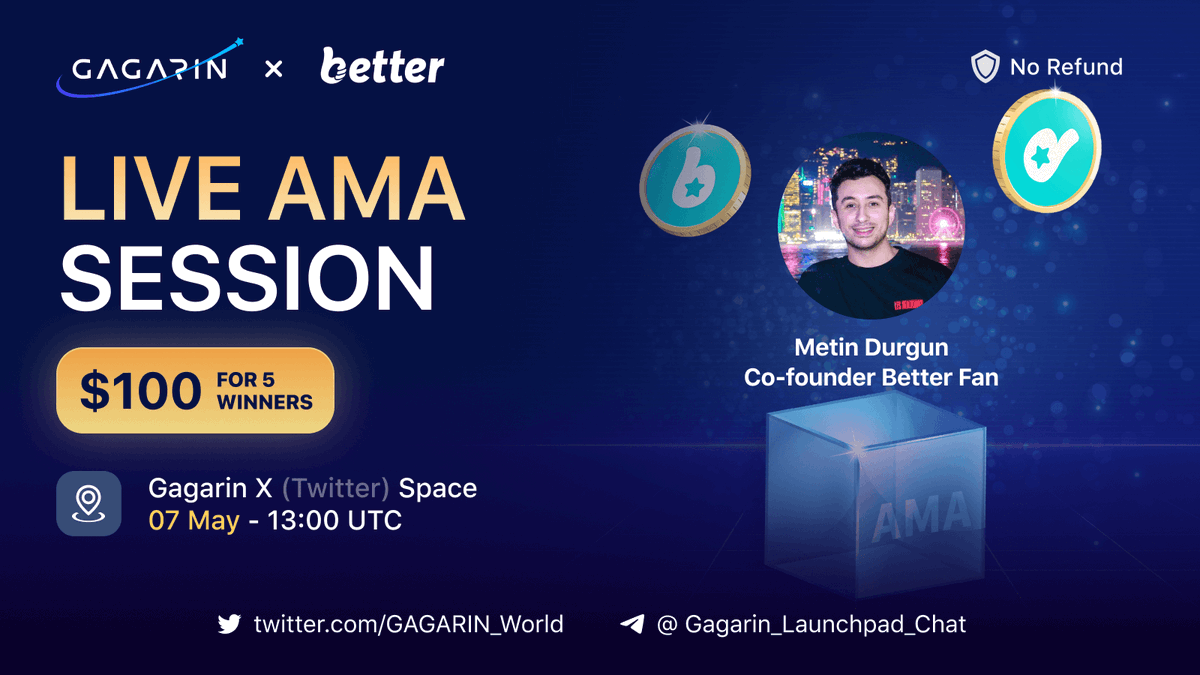 Join us for a stunning #AMA with @Betterfanapp, a prediction game based on real sports events.

📅 Date: May 07
🕑 Time: 13:00 UTC
📍 Venue: x.com/i/spaces/1vaxr…

5 winners will each receive $20 in USDT for the best question.  

‼️ Be sure to ask a question under the post! ‼️