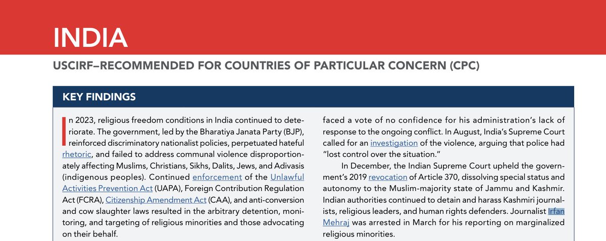 The @USCIRF released its 2024 Annual Report, which mentions Irfan Mehraj. 

'Indian authorities continued to detain and harass Kashmiri journalists, religious leaders, and human rights defenders.'

#FreeIrfanMehraj #FreeKhurramParvez