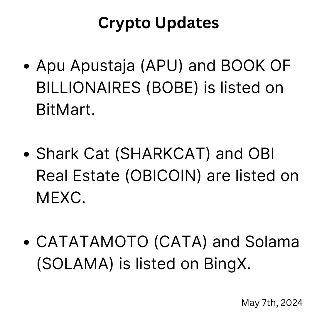 The_Cryptostan's tweet photo. Here are some of the crypto updates.
#cryptocurrencies #altcoins #cryptoexchanges #cryptonews #bingx #bitmart #mexc #catamoto #apuapustaja #bookofbillionares #obicoin #sharkcat #solama https://t.co/jBMGwMiKKn
