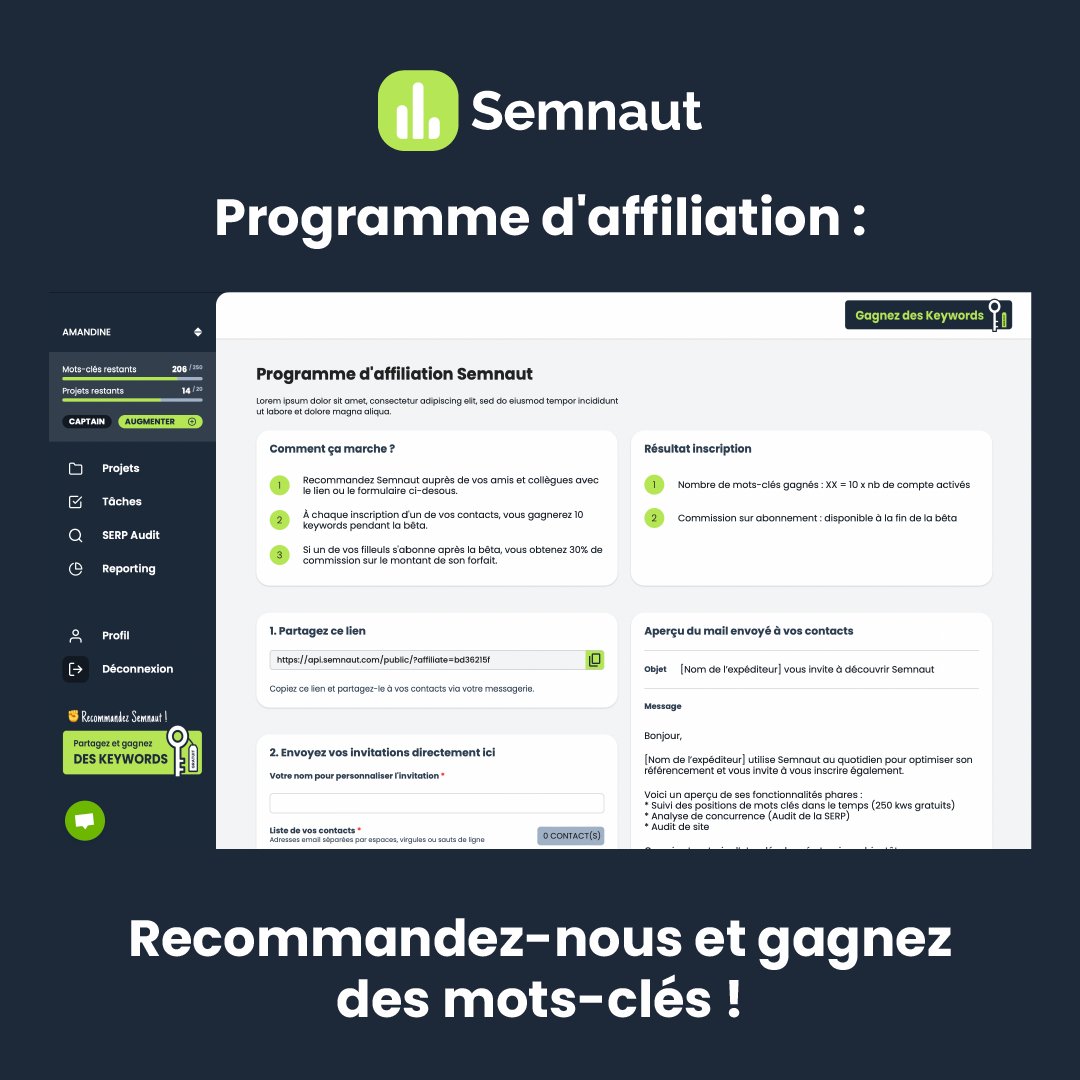 ⚠️Alerte bon plan ! Découvrez le programme d'affiliation Semnaut : recommandez notre plateforme et gagnez 10 mots-clés par inscription pendant la bêta, avec 30% de commission sur les abonnements de vos filleuls après la bêta. Ne ratez pas cette opportunité ! 🚀 #SEO #affiliation