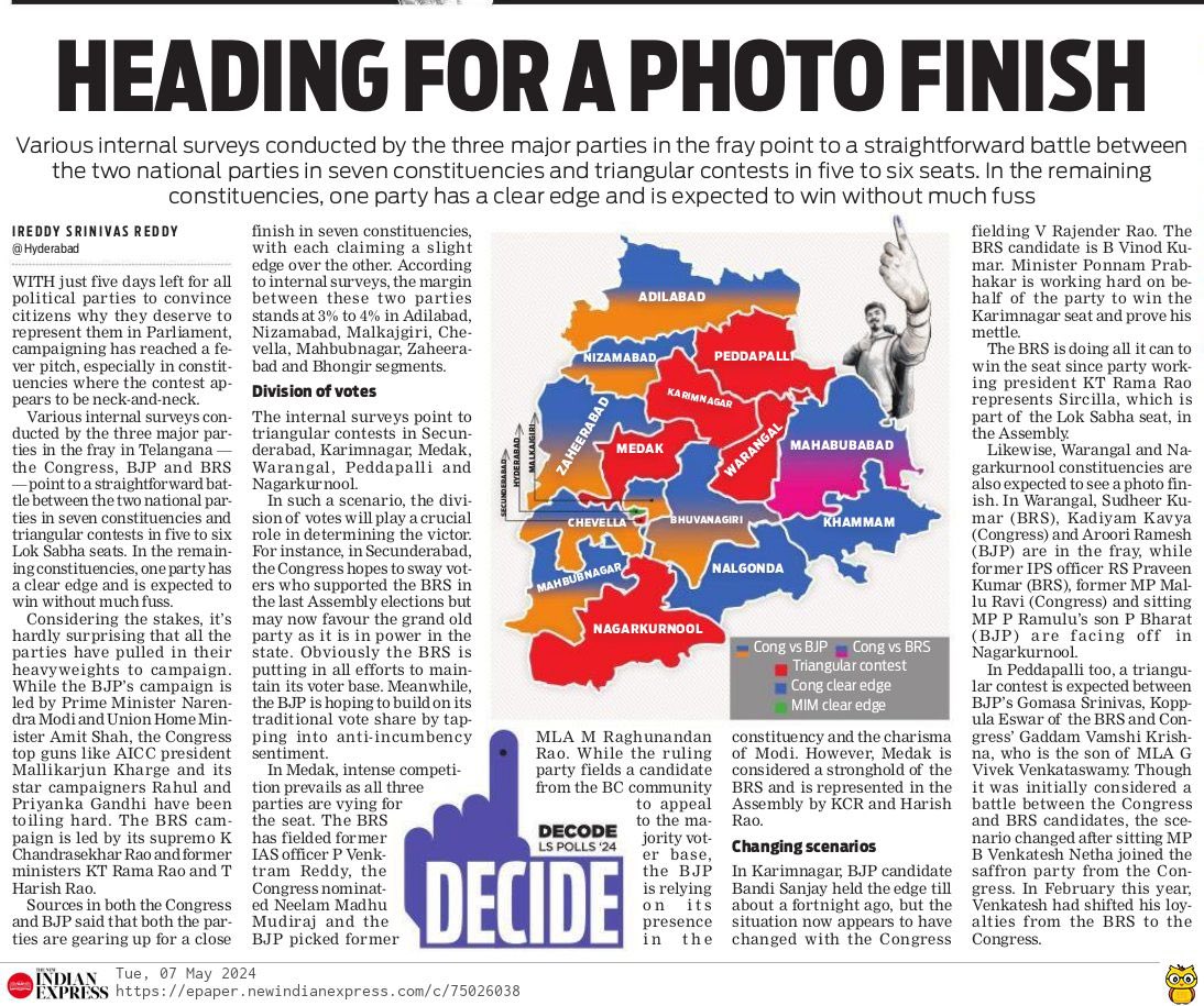 Internal Surveys of all prominent parties have expecting straight fight between two national parties and few are in triangle battle .. congress have clear edge in two LS constituencies … read my article ✍️ @NewIndianXpress @XpressHyderabad @BJP4Telangana @INCIndia…