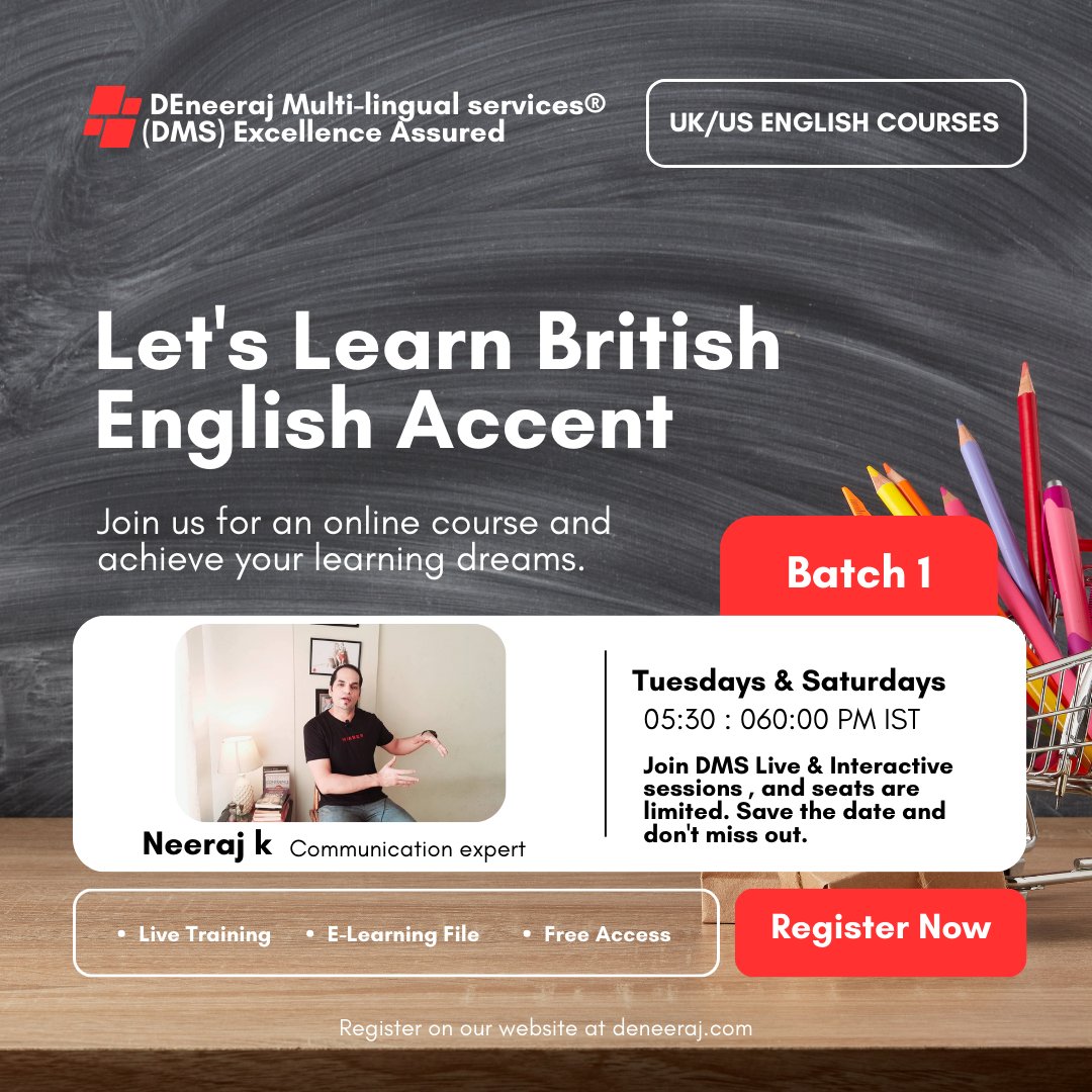 Welcome to DEneeraj Multi-lingual services® (DMS), where excellence in British English accent training is assured. Enhance your communication skills with our specialized program focusing on the T sound. #BritishEnglish #AccentTraining #DEneerajDMS #LanguageSkills #Communication