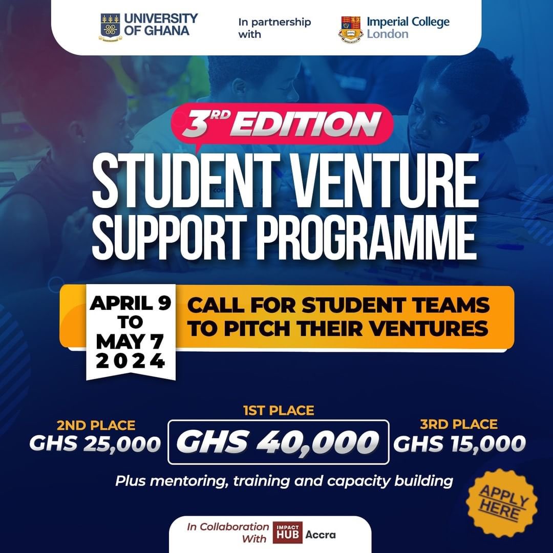 You still stand a chance to enter the challenge.

To participate in the “Student Venture Support Programme” and compete to win this challenge, click on the link rb.gy/kbm5n9 to register your team.

#ug #ugbs #ugbsiih #imperialcollegelondon