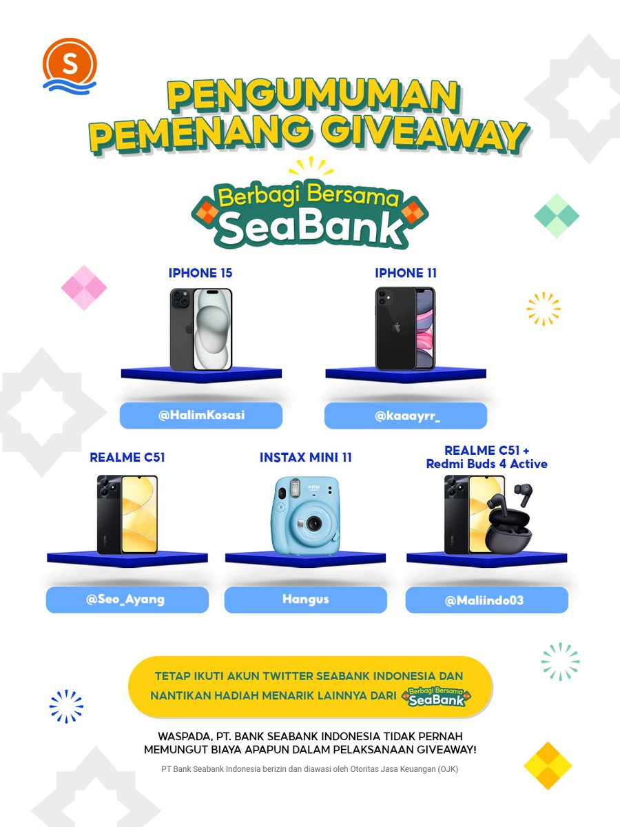 📢 PENGUMUMAN PEMENANG GIVEAWAY #BERBAGIBERSAMASEABANK 📢

Selamat kepada para pemenang di Twitter @SeaBankID! 🥳 Masih banyak hadiah dan kesempatan seru lainnya dari #BERBAGIBERSAMASEABANK

Ayo, CEK THREAD di bawah ini untuk melihat yang beruntung kali ini! 🔥