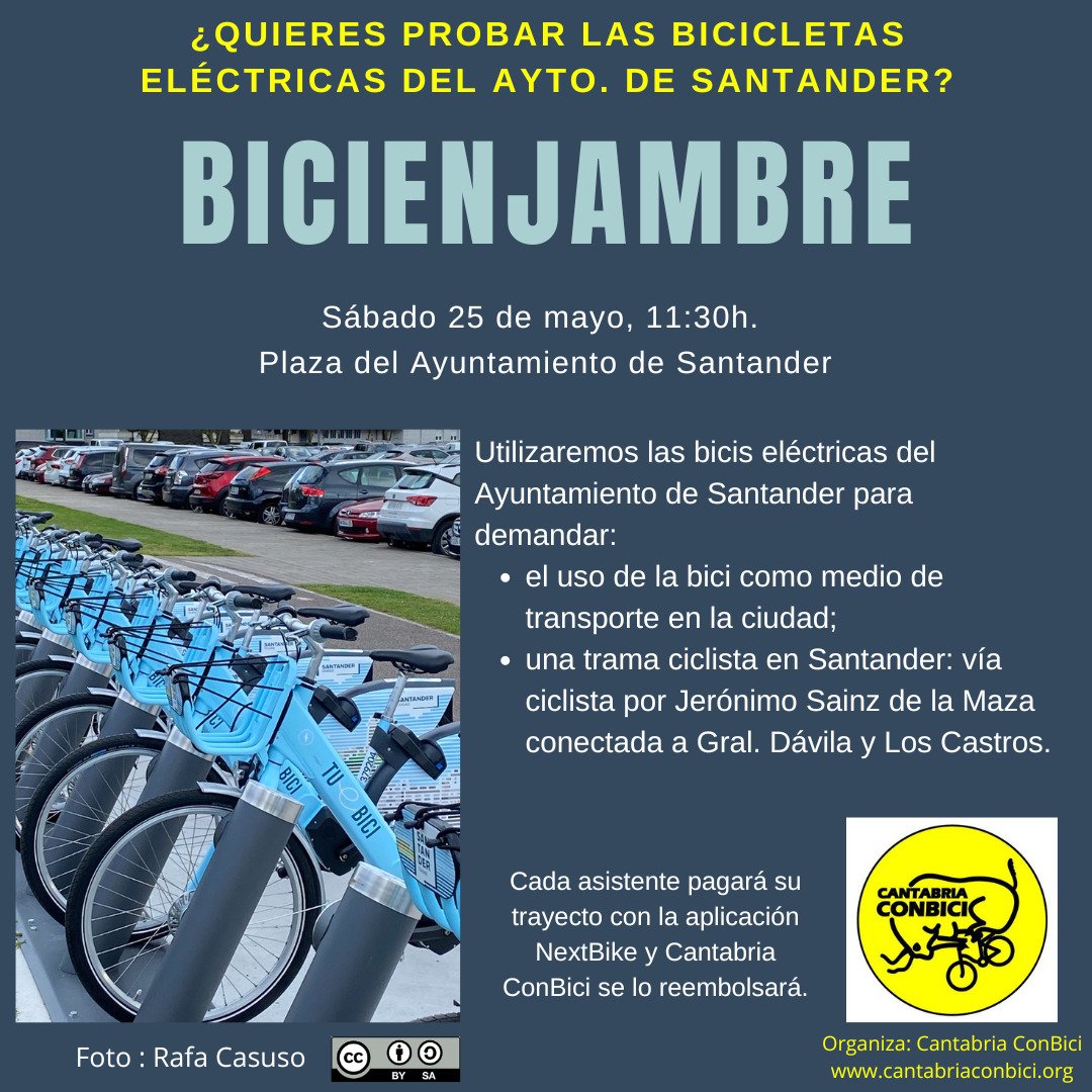 ¡Nueva actividad en Cantabria ConBici! 📣

El día 25 de este mes haremos un bicienjambre con las bicicletas eléctricas de Santander.

Seguimos defendiendo la bicicleta como alternativa al coche en la ciudad.

#MovilidadUrbana
#ConBiciMejor
#Sostenibilidad