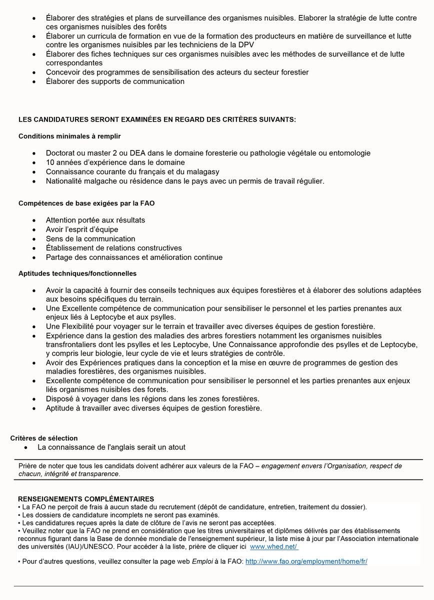 NOUS RECRUTONS pour 🇲🇬 Un(e) Expert(e) National(e) en maladie des forêts Ref: FAOMG/MAFO2024 Pour postuler, Constituez votre dossier : CV, lettre de motivation, et votre diplôme le plus élevé Envoyez-le à l'adresse MG-HR@fao.org, avec la réf. en objet Deadline : 11/5/24 à 18h