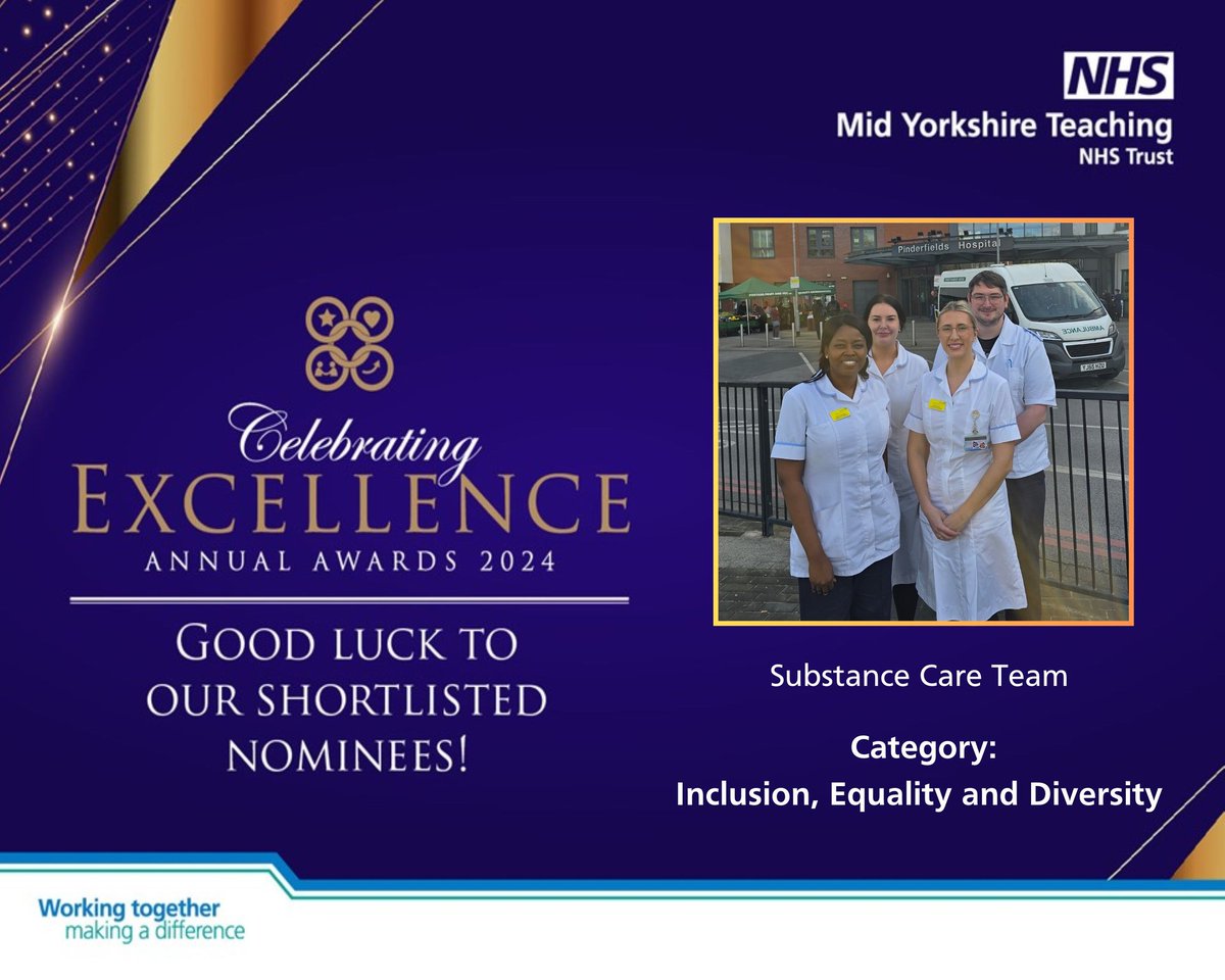 This week we're celebrating all our shortlisted nominations for #CE24 @MidYorkshireNHS First up, the Substance Care Team who are nominated in the Inclusion, Equality & Diversity category for reducing health inequalities for their patient cohort. Good luck Team! #NHS #AcuteCare