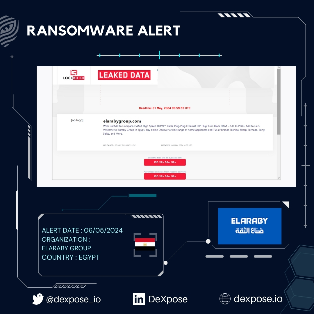 RANSOMWARE ALERT
-
ELARABY Group falls victim to LockBit Ransomware

Group claims to publish the organization's data on May 21, 2024.
-
#data_breach
#data_leak
#infosec
#dark_web
#DataBreach 
#DataLeak 
#Services 
#CyberThreat 
#CyberAttack