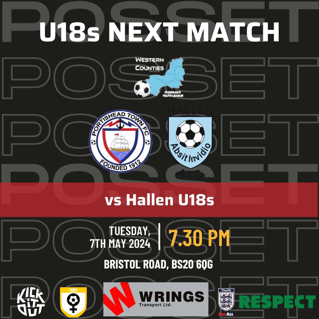 Portishead Town u18s host fellow title challengers @HallenFC u18s tonight. With 4 teams fighting for top spot and only 3 games to go this is a must win so come down and get behind the lads! #uptheposset ⚪️⚫️ @swsportsnews @PTFCu18s