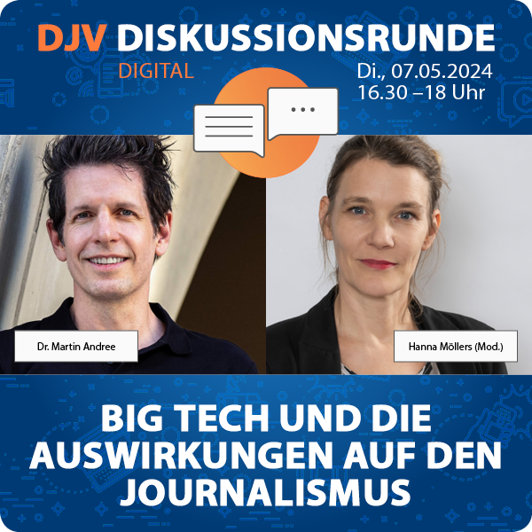 Was machen #Google, #Meta & Co. mit Journalismus und klassischen Medien? Darum geht es heute beim #DJV_Talk mit @martinandree12: djv.de/startseite/ser…