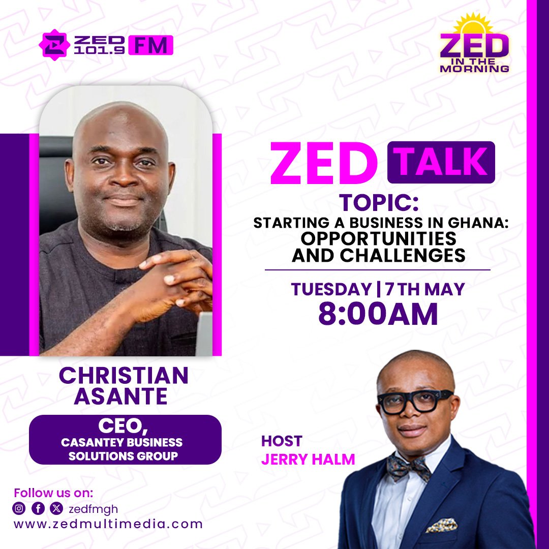 Join us on #ZedTalk this morning as we talk about some of the opportunities and challenges of starting a business in Ghana, with your host Jerry Halm and guest Christian Asante.

#zedinthemorning #zedfmgh