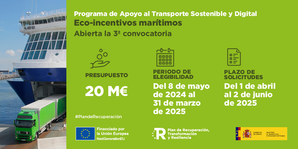 📢¡Atención! Abrimos la 3.ª convocatoria del eco-incentivo marítimo con un presupuesto de 20 M€ del #PlanDeRecuperación🇪🇺 ¿Te interesa solicitar la ayuda? 🚚 Podrás hacerlo si transportas en barco tu camión de mercancías. Todo lo que necesitas saber👇 transportes.gob.es/el-ministerio/…