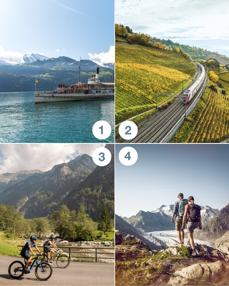 Whether you explore the different regions of Switzerland comfortably by train or actively on a hike, you can travel in many different ways. 🚴🏽🛳️🚂 What is your favorite way to travel through Switzerland? #IneedSwitzerland