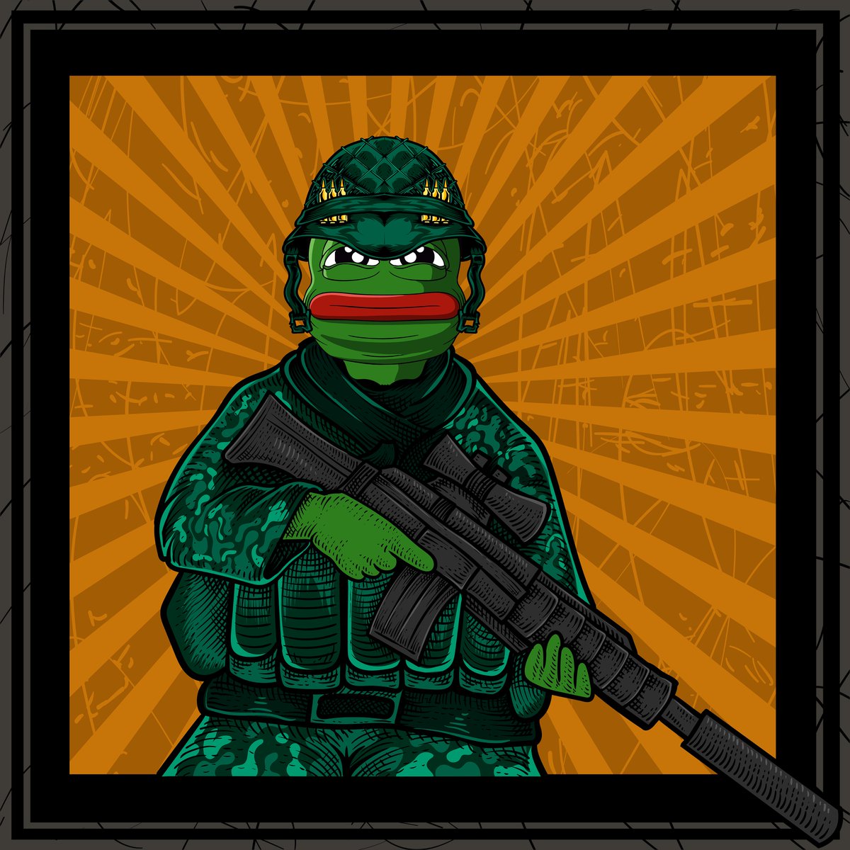 Soldier Pepe 🐸

1/1 edition
Owned by <a href="/jaggedsoft/">jagged</a>

Pepe; "I got all the goddamn watches."

Technical Specifications
Dimensions: 4000x4000px
File Size: 4,03MB

#Pepe #frog #pepethefrog #FrogFam