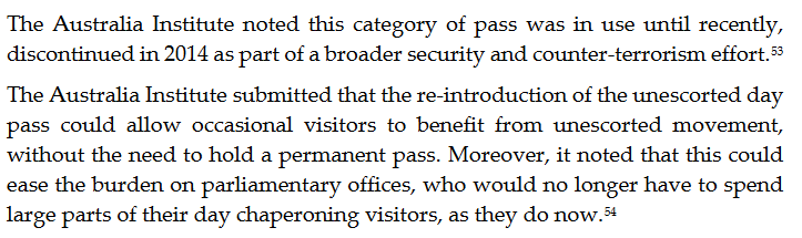 The @AuSenate inquiry into lobbyist access to Parliament House has just been released - with the committee echoing @TheAusInstitute's recommendation to restore the unescorted day pass to increase public access to elected members. aph.gov.au/Parliamentary_…