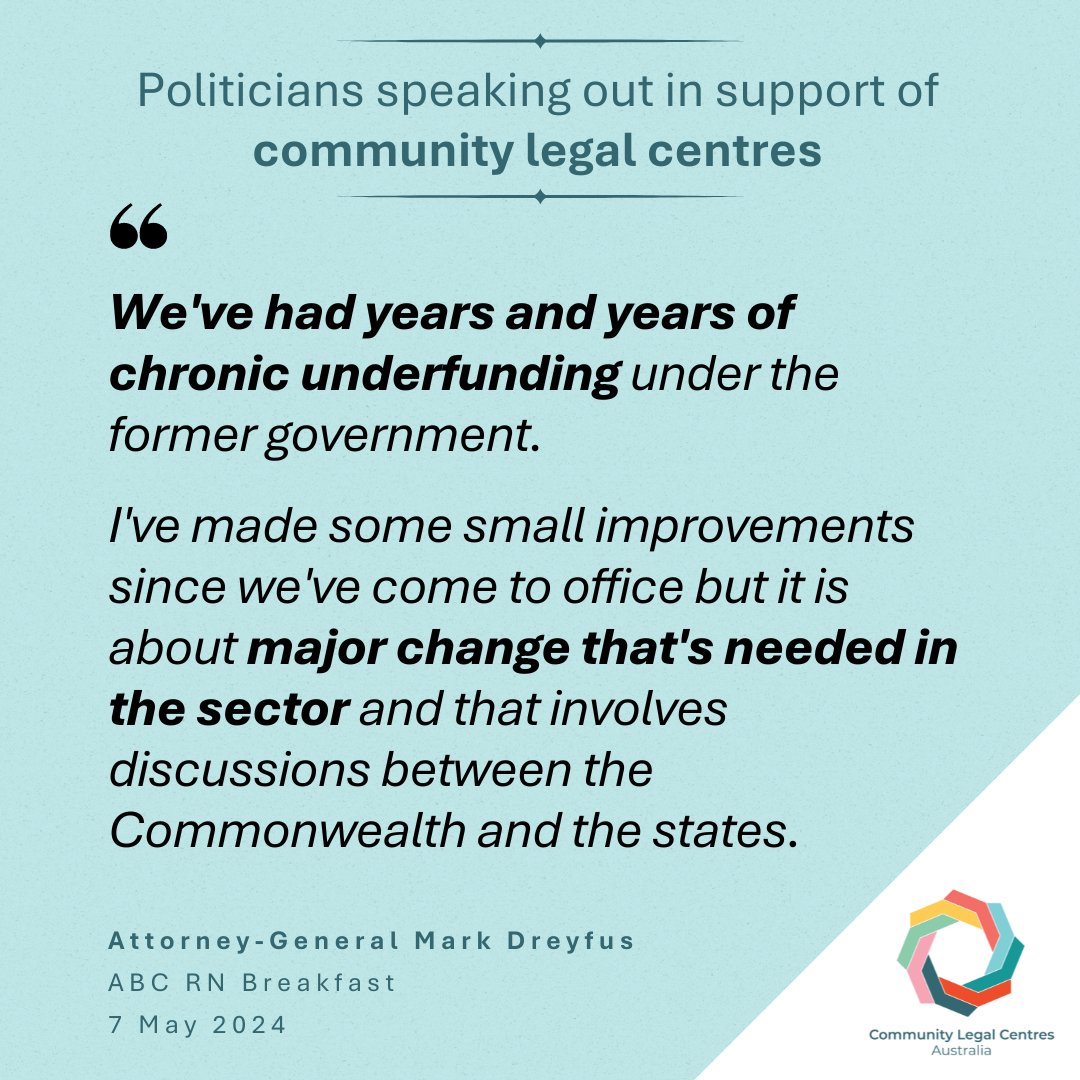 We're grateful for the Attorney-General's support for community legal centres. Now we're looking to the budget to turn words of support into real funding increases, so that people who rely on our sector to stay safe can continue to do so. #FundEqualJustice #CommunityLaw