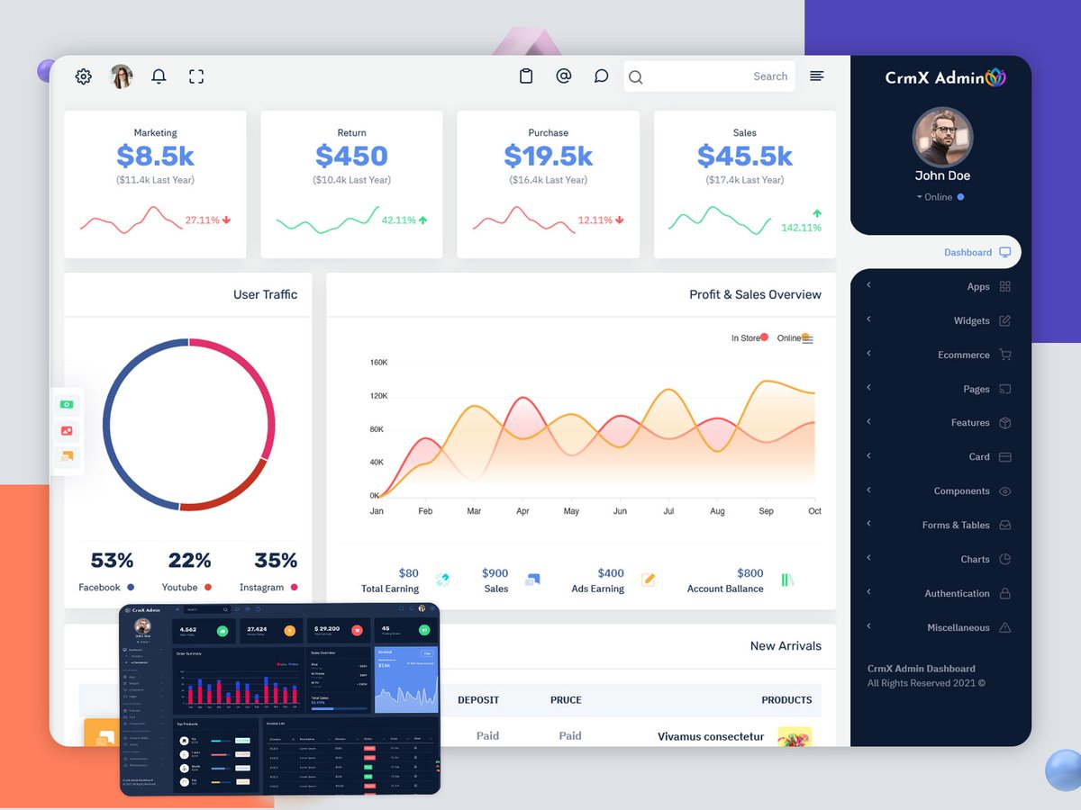 Crmx Admin - Bootstrap 5 Admin Template offer Revenue, Orders, Sales visits, monthly revenue, and performance tracking.
. 
Buy Now -  themeforest.net/item/crmx-admi…    
. 
#admin #admindashboard #admindashboardtemplate #admintemplate #admintheme #bootstrap4 #bootstrapadmintemplate #crm