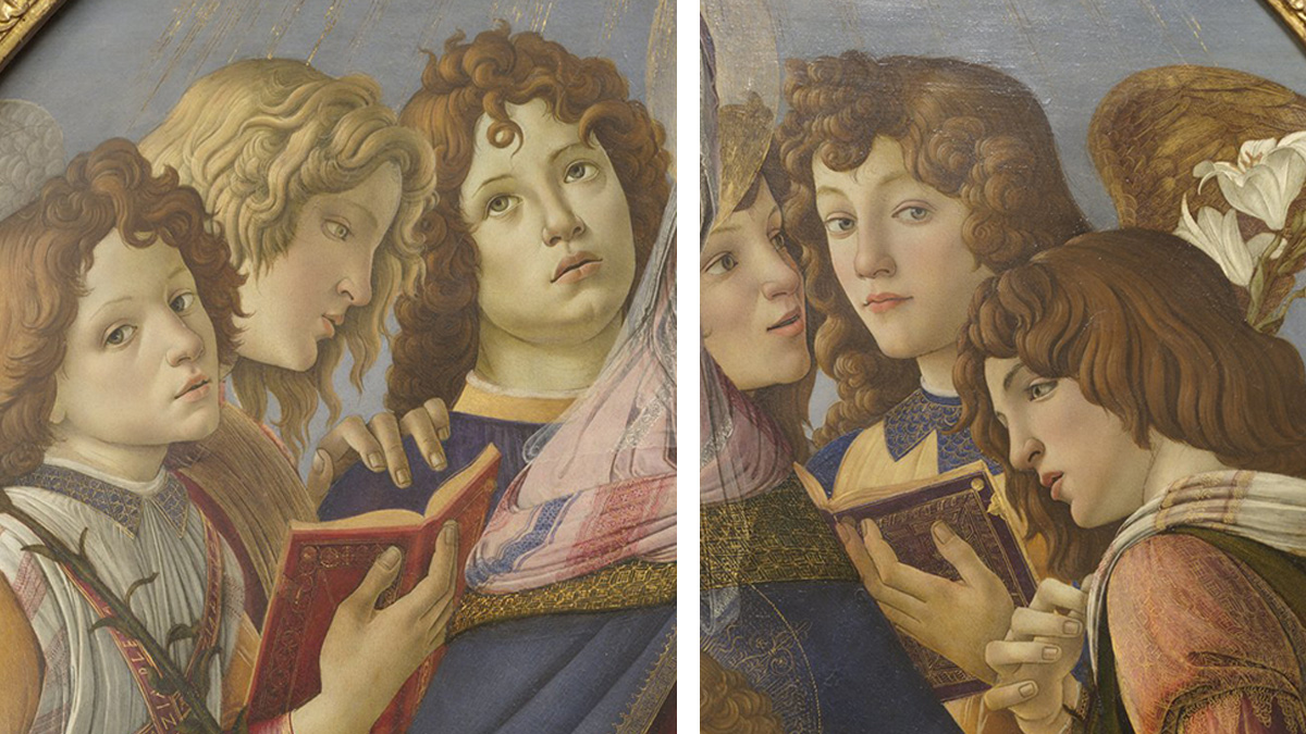Angeliche visioni. Dettagli dei volti degli angeli dalla 'Madonna della melagrana' di #Botticelli, 1487c. #Uffizi. La raffigurazione della bellezza ideale senza tempo. Sempre contemporanea.