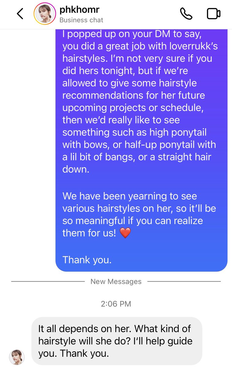 so, yesterday i decided to pop up on love’s hairstylist’s DM and recommending some hairstyles that i thought might suit her for her upcoming schedules since we didn’t really get to see diversity— and she replied to me just now.. (+)