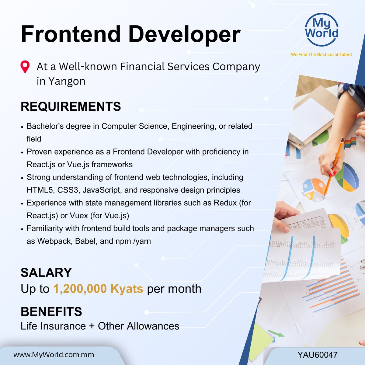 Hiring in #Yangon

Position - #FrontendDeveloper at a Well-known Financial Services Company 
Salary -   1,200,000 Ks  
#Job Link - tinyurl.com/3fh72rzc
Email - support@myworld-careers.com 

#vacancies #jobs #jobopportunity