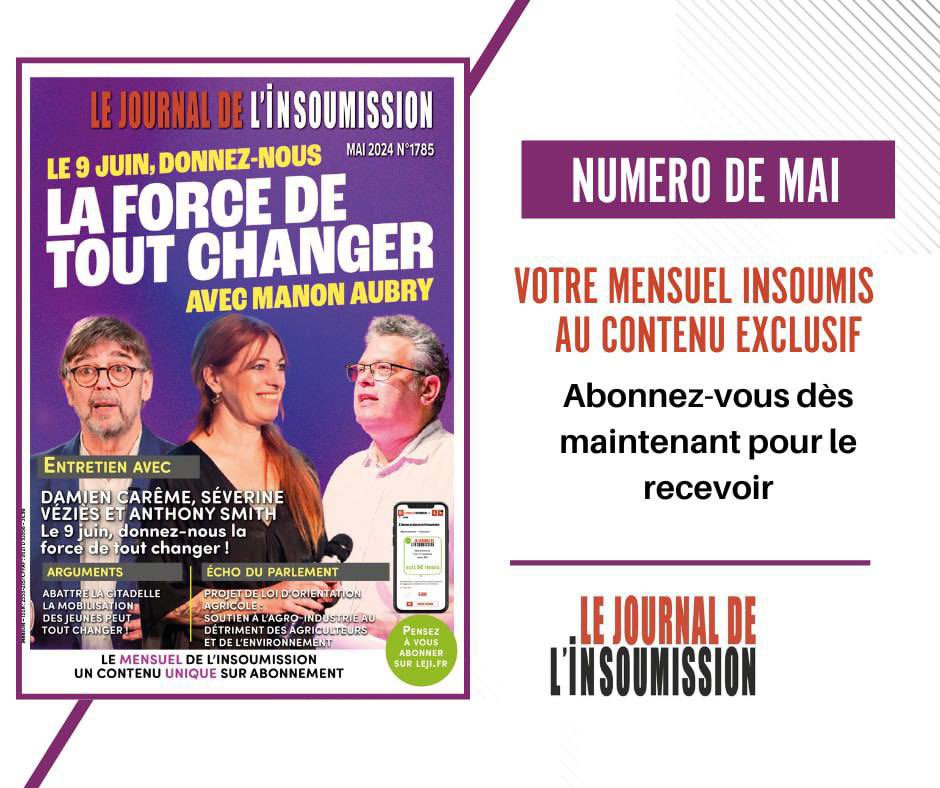 Très heureuse de partager la une du numéro de mai du @Journalinsoumis avec mes co-listiers @DamienCAREME et @smith51_a ! Il est disponible dès à présent sur le site pour les abonné•es ou à la vente. ✅ Toutes les informations sur l'abonnement 👉leji.fr/boutique-sabon…