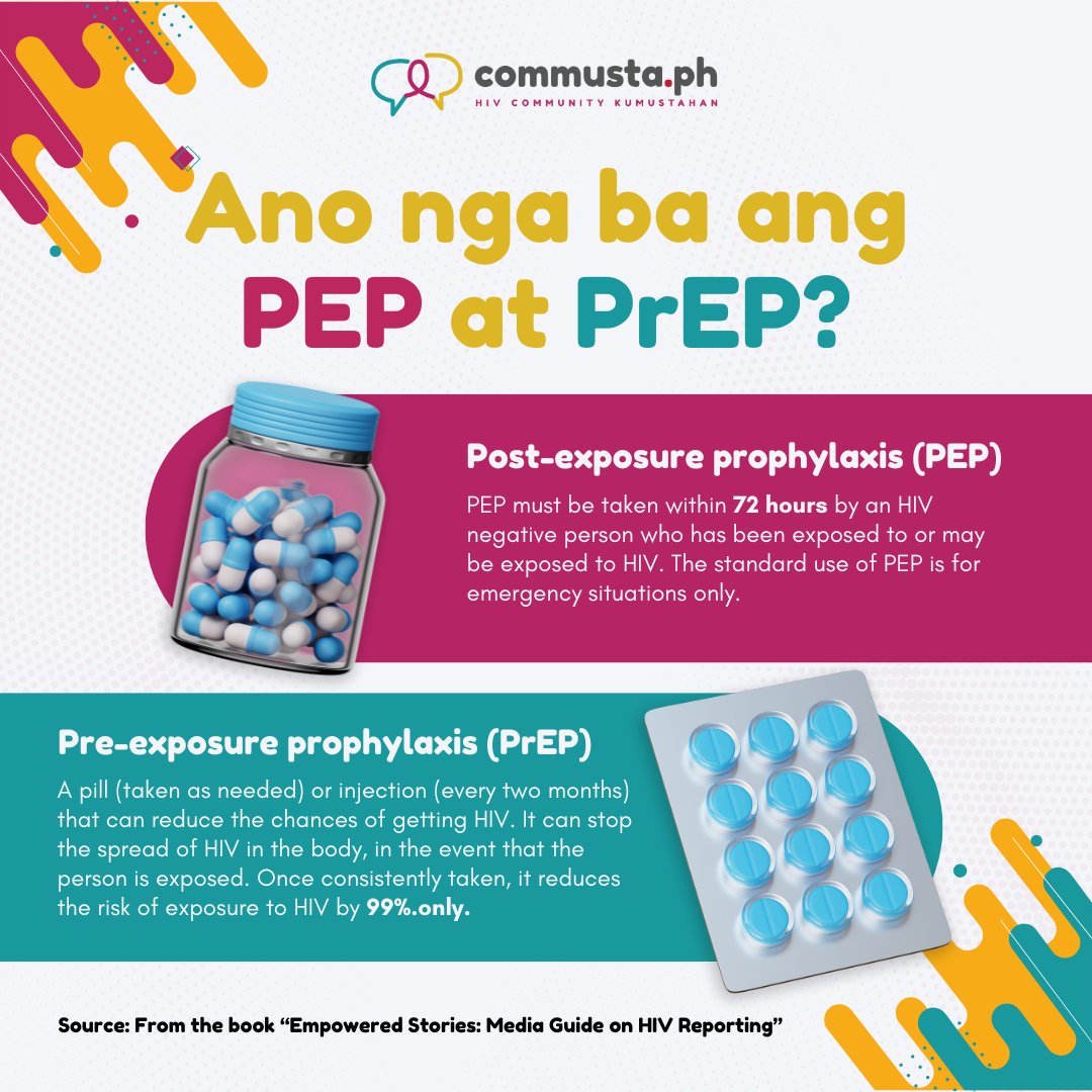 PEP reduces the risk of HIV transmission kapag nagkaroon ng exposure, while PrEP prevents HIV infection bago pa maexpose kung regular na naggagamot. Source: From the book “Empowered Stories: Media Guide on HIV Reporting” #CommustaPH #MaySayKaDito #ShareMoLang #ZeroStigma