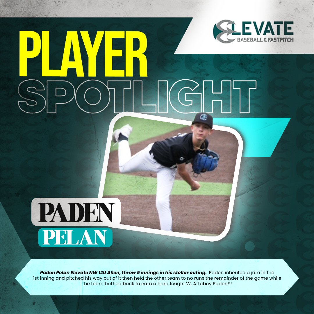 Paden Pelan of Elevate NW 12U Allen, threw 5 innings in his stellar outing. Paden inherited a jam in the 1st inning and pitched his way out of it then held the other team to no runs the remainder of the game while the team battled back to earn a hard fought W. Attaboy Paden!!!