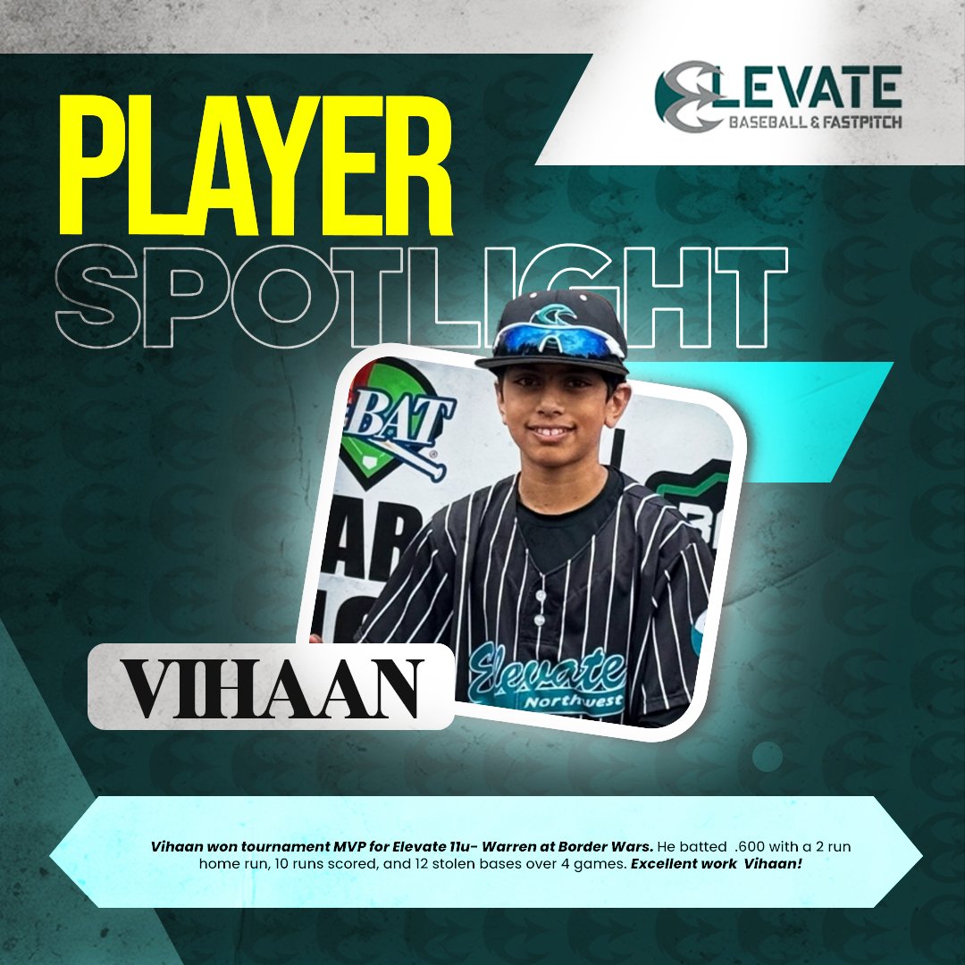 Vihaan won tournament MVP for Elevate 11u- Warren at Border Wars. He batted .600 with a 2 run home run, 10 runs scored, and 12 stolen bases over 4 games. Excellent work Vihaan!