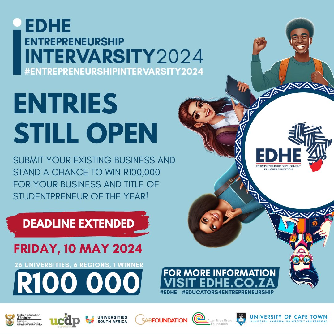 The deadline for submissions for the <a href="/EDHEOffical/">EDHE Entrepreneurship Development in Higher Educat</a> Entrepreneurship Intervarsity has been extended to Friday, 10 May 2024! Don't miss this incredible opportunity to win R100,000 for your business and the title of Studentpreneur of the Year! Enter here - edhe.co.za/entrepreneursh…