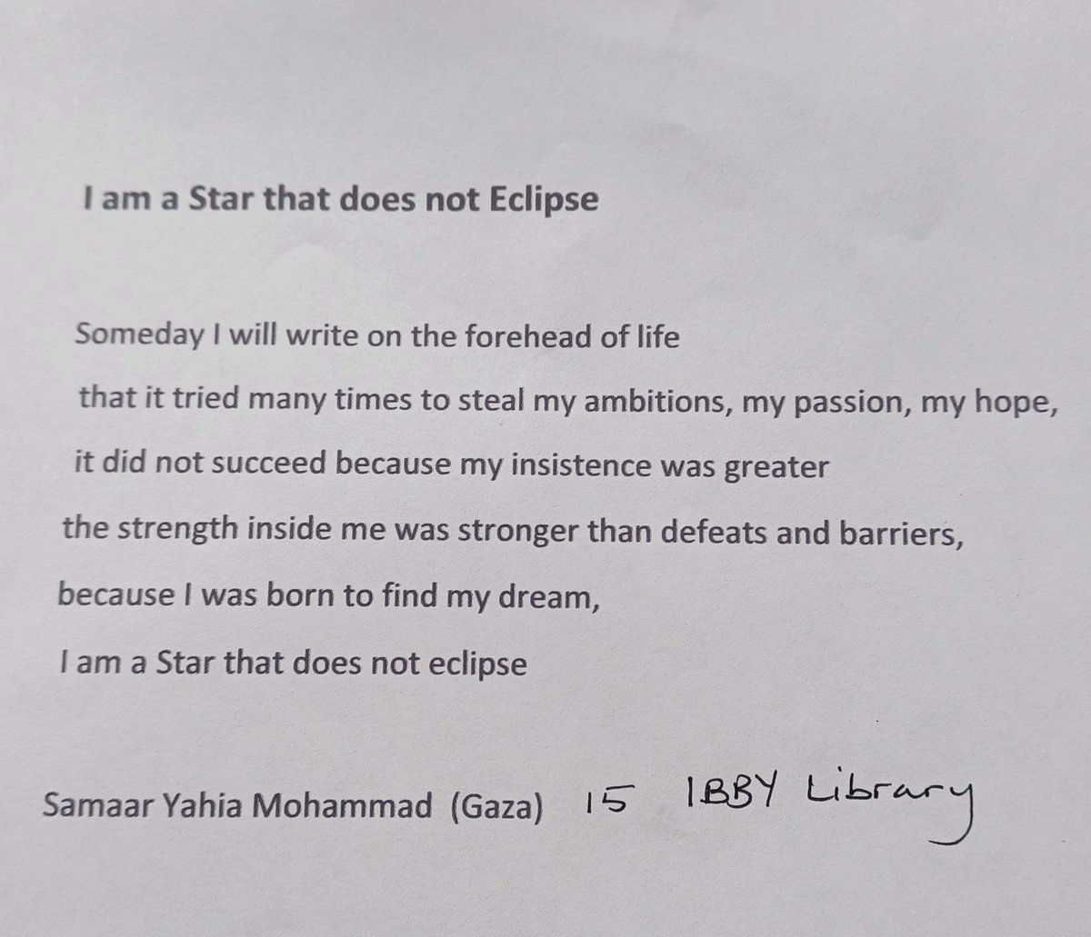 @IBBYINT incl @IBBYUK @iBbYIreland sponsored 2 IBBYPAL children's libraries in Gaza, N & S. N lib destroyed (2nd time) & other?? Pregnant IBBY librarian fled to Rafah w fam, gave birth. No transport & 'no new shelter place bec we do not have a tent.' +Where's this young poet now?